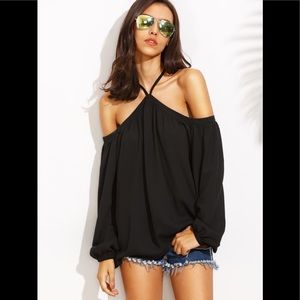 Criss Cross Back Cold Shoulder Long Sleeve Blouse